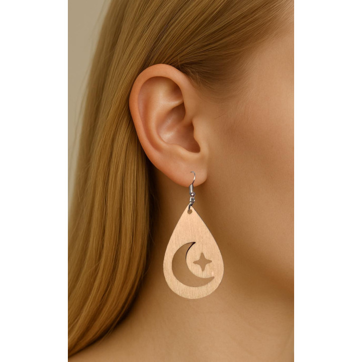 Boucles d'oreilles goutte lune et étoile en bois naturel