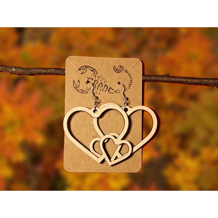 Boucles d'oreilles double cœur ajouré bois naturel