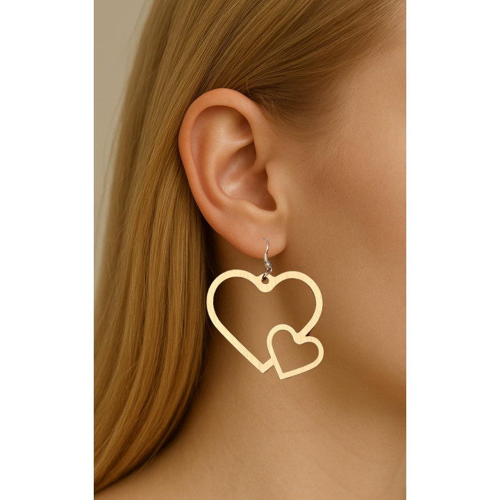 Boucles d'oreilles double cœur ajouré bois naturel