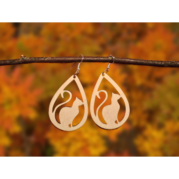 Boucles d’oreilles en bois – Chat stylisé
