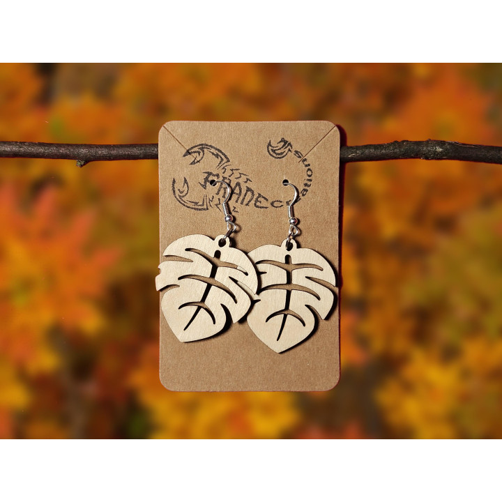 Boucles d’oreilles en bois – Feuille tropicale (Monstera)