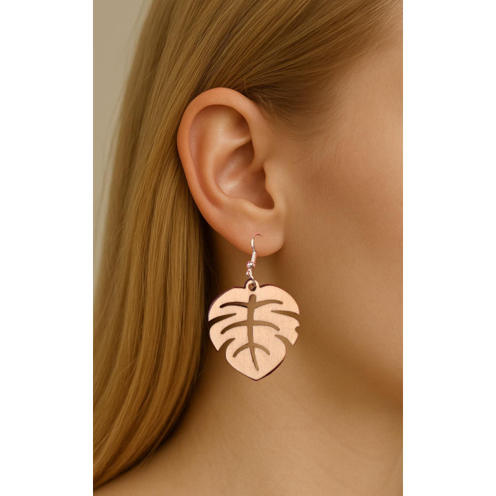 Boucles d’oreilles en bois – Feuille tropicale (Monstera)