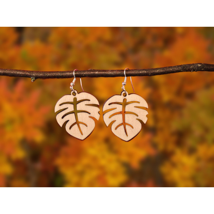 Boucles d’oreilles en bois – Feuille tropicale (Monstera)