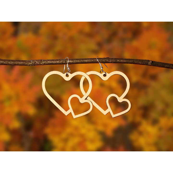 Boucles d'oreilles double cœur ajouré bois naturel