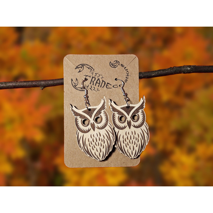 Boucles d'oreilles chouette bois gravé