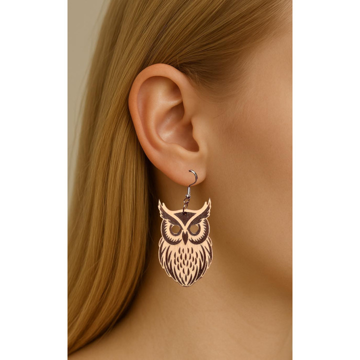 Boucles d'oreilles chouette bois gravé