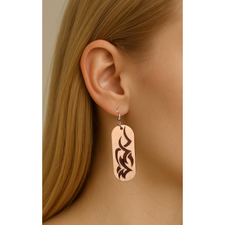 Boucles d'oreilles rectangle feu flammes bois gravé