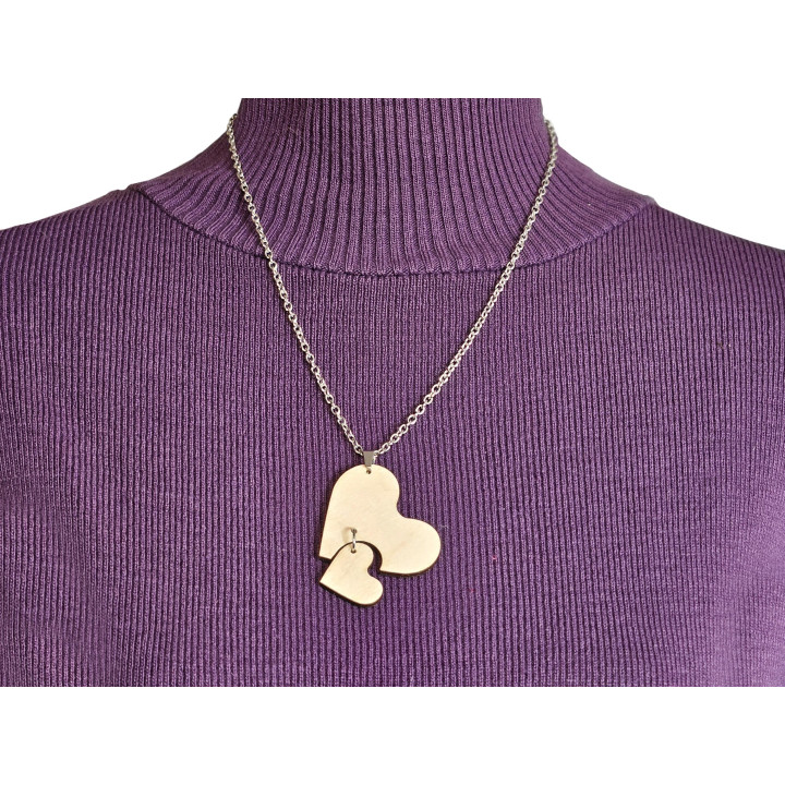 Collier duo de cœurs bois – pendentif artisanal