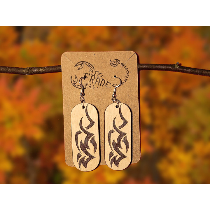 Boucles d'oreilles rectangle feu flammes bois gravé