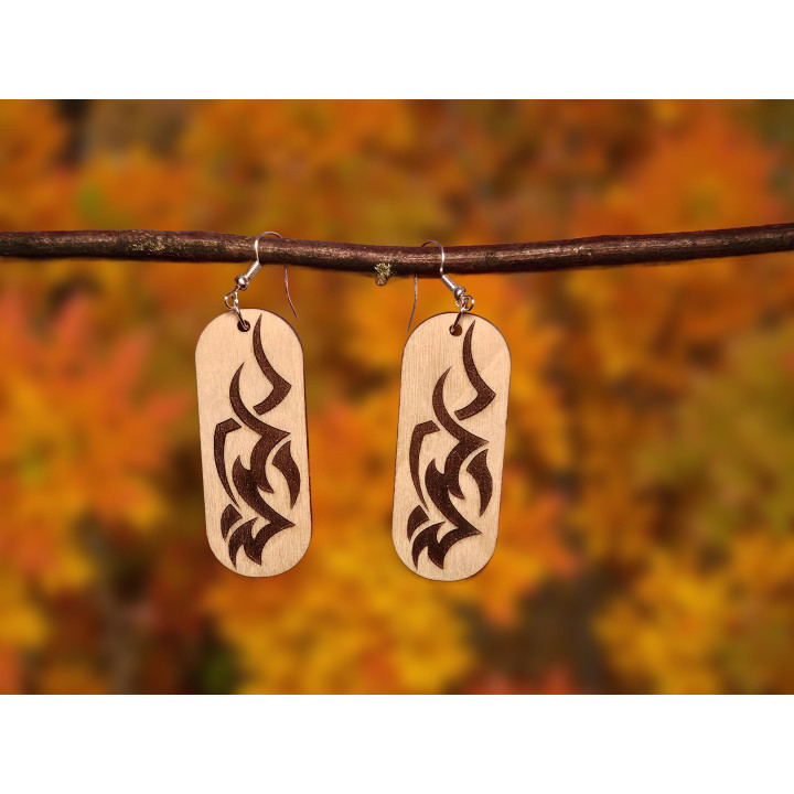 Boucles d'oreilles rectangle feu flammes bois gravé