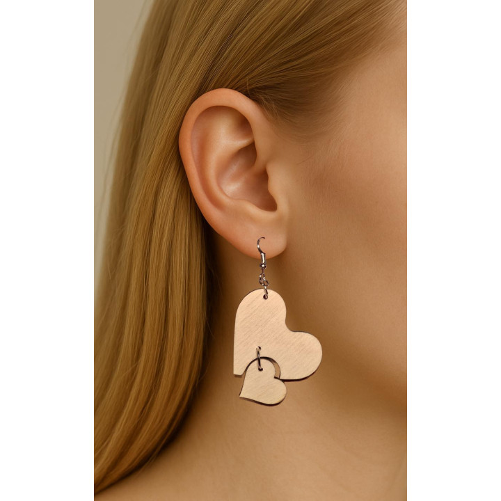 Boucles d'oreilles double cœur mobile bois naturel