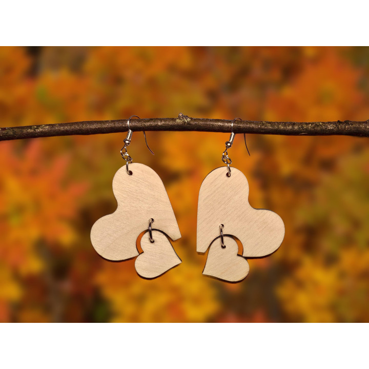 Boucles d'oreilles double cœur mobile bois naturel