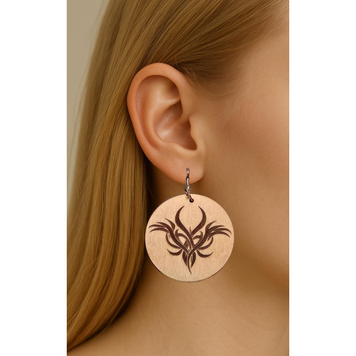 Boucles d'oreilles rondes phénix tribal bois