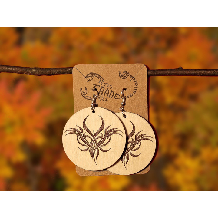 Boucles d'oreilles rondes phénix tribal bois