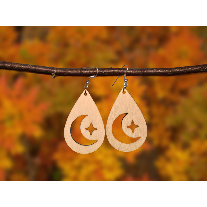 Boucles d'oreilles goutte lune et étoile en bois naturel