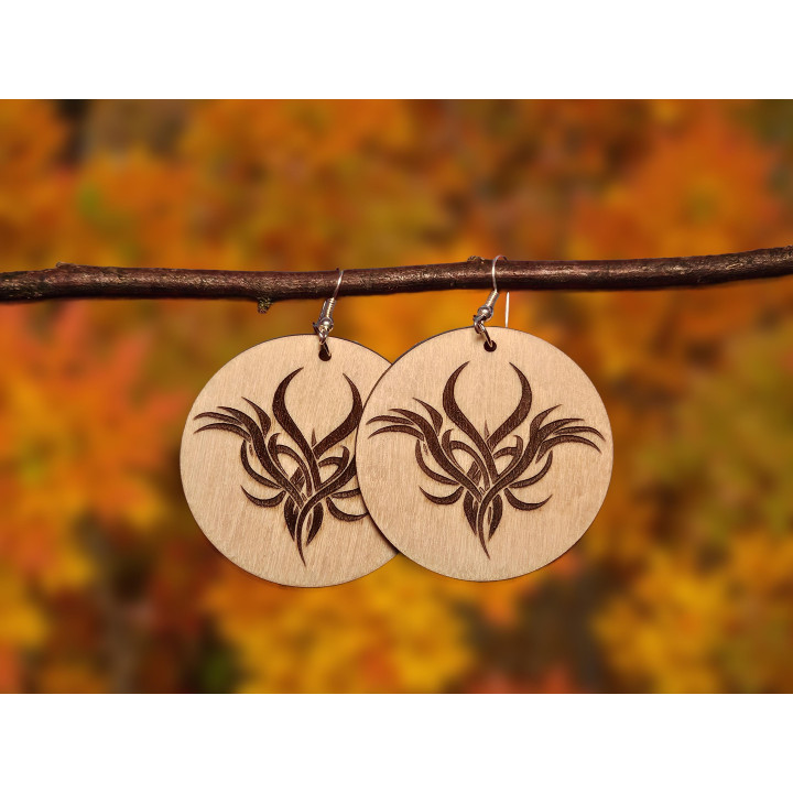 Boucles d'oreilles rondes phénix tribal bois