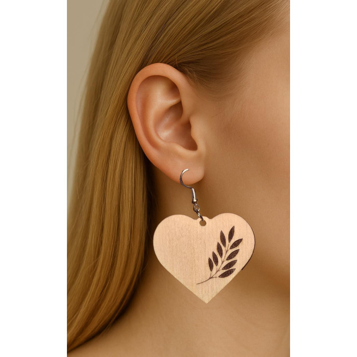 Boucles d'oreilles cœur bois rameau gravé