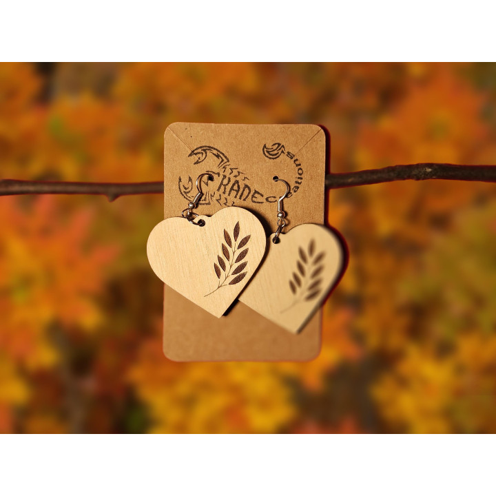 Boucles d'oreilles cœur bois rameau gravé