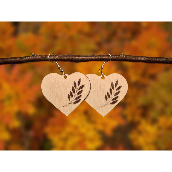 Boucles d'oreilles cœur bois rameau gravé