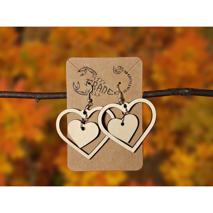 Boucles d'oreilles double cœur bois naturel