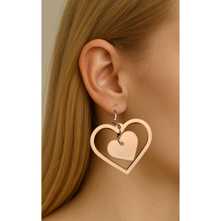 Boucles d'oreilles double cœur bois naturel