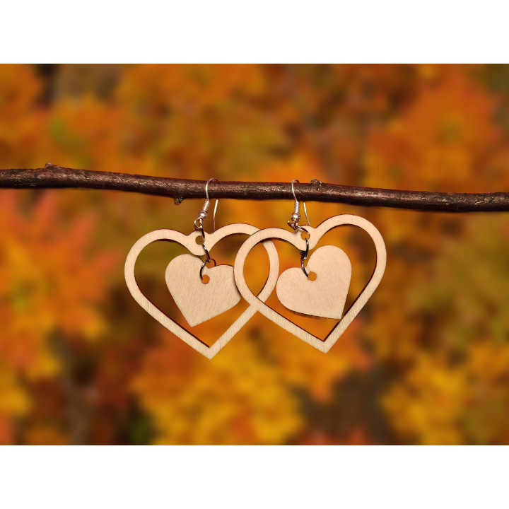 Boucles d'oreilles double cœur bois naturel