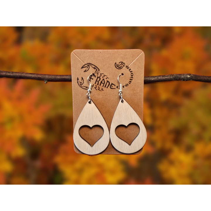 Boucles d'oreilles goutte cœur bois naturel