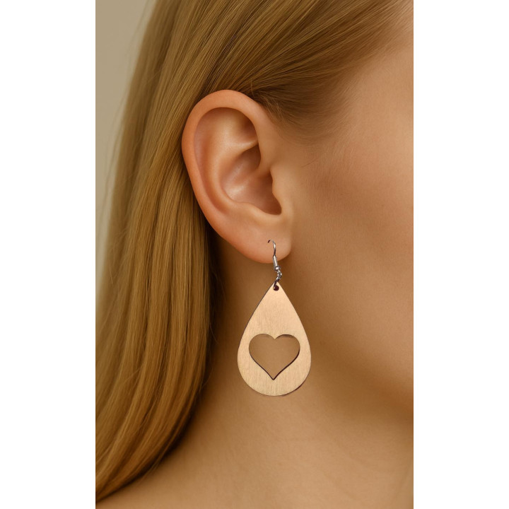 Boucles d'oreilles goutte cœur bois naturel