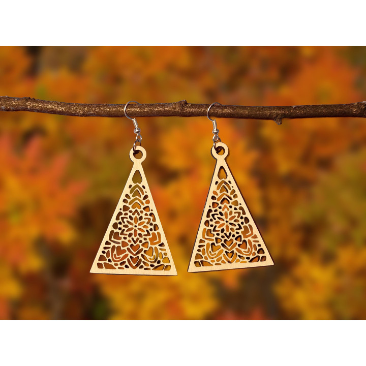 Boucles d'oreilles triangle mandala en bois